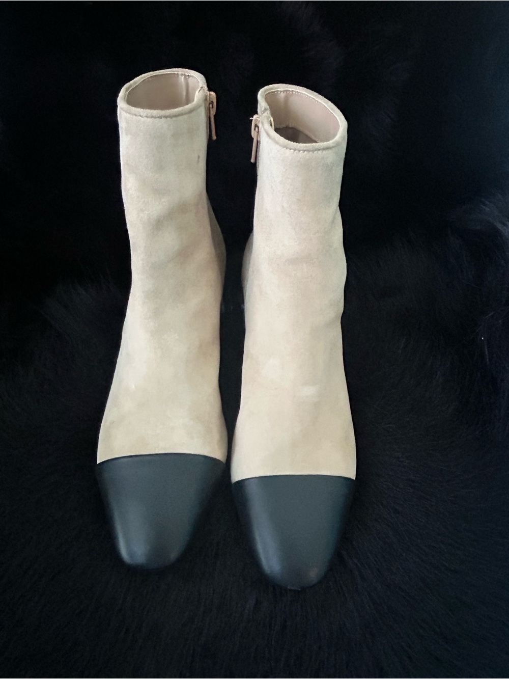 Women's Two-Tone Beige Suede Ankle Boots with Black Cap Toe